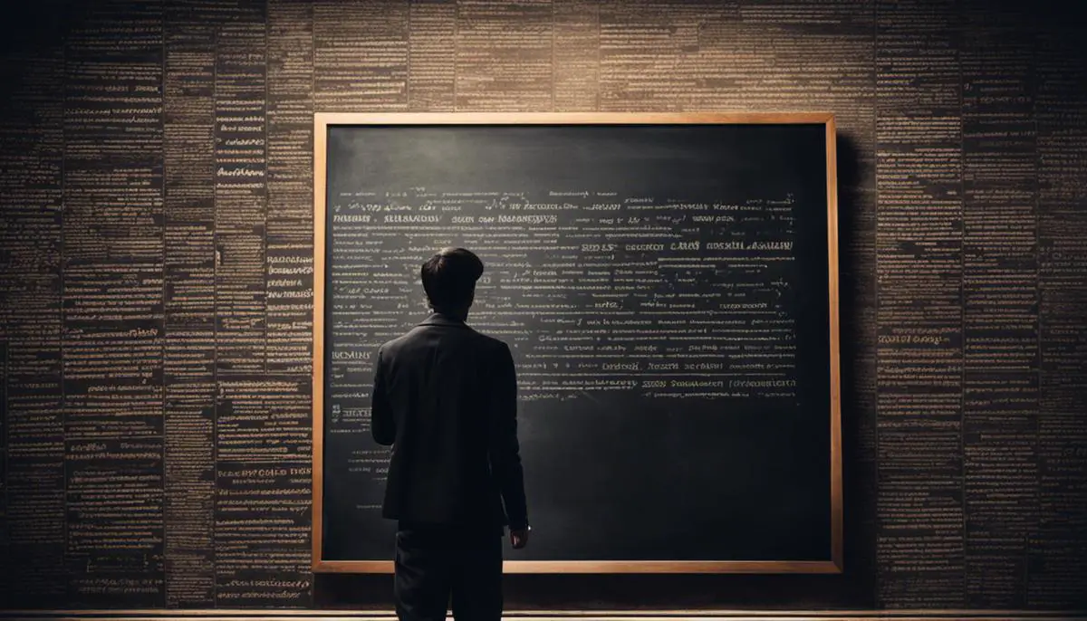 A person looking at a blackboard filled with words related to articles, representing the challenges of understanding article usage in English.
