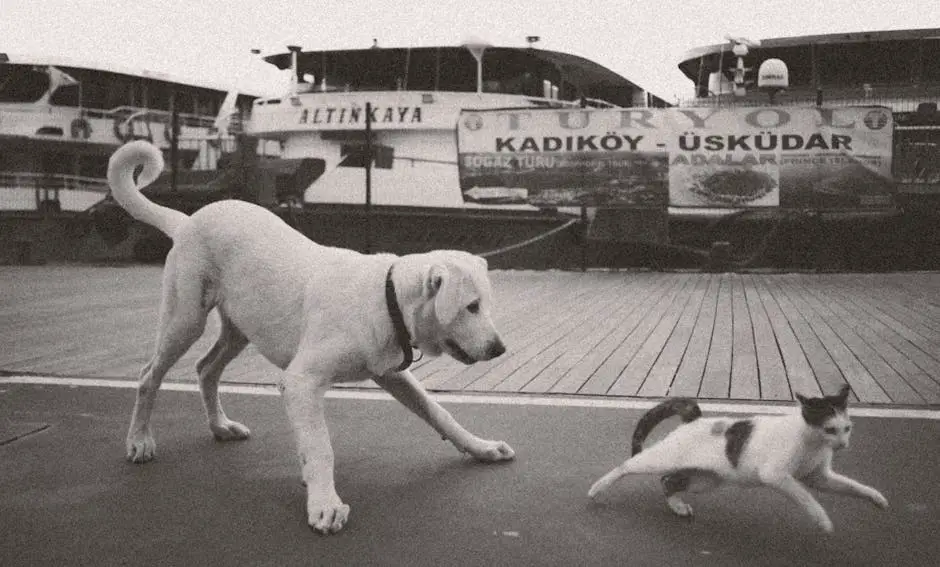 A graceful cat landing from a height next to a less coordinated dog