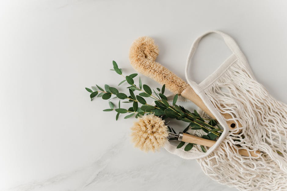 A collection of natural cleaning products and sustainable cleaning tools