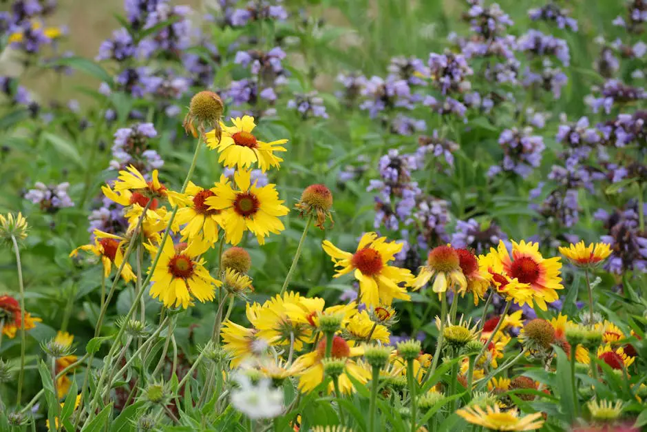 A flourishing spring garden with diverse plant life and busy wildlife