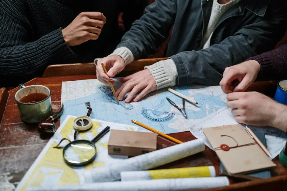 A group of diverse friends gathered around a table with maps and notebooks, planning their spring adventure