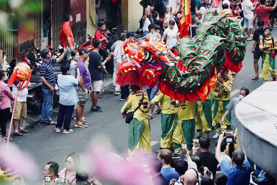 A bustling spring festival with colourful stalls and performers