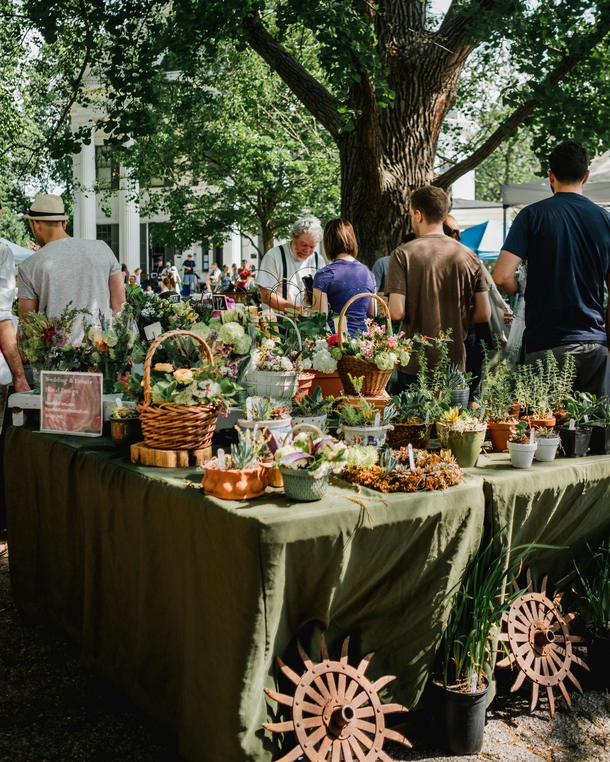 A bustling farmers market with colorful spring produce stalls