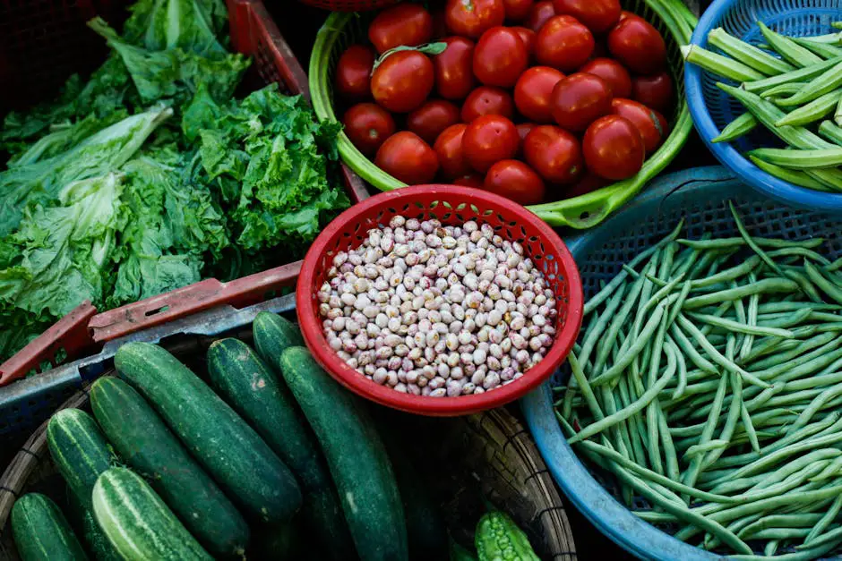 Colourful stalls at a farmers' market displaying fresh spring produce