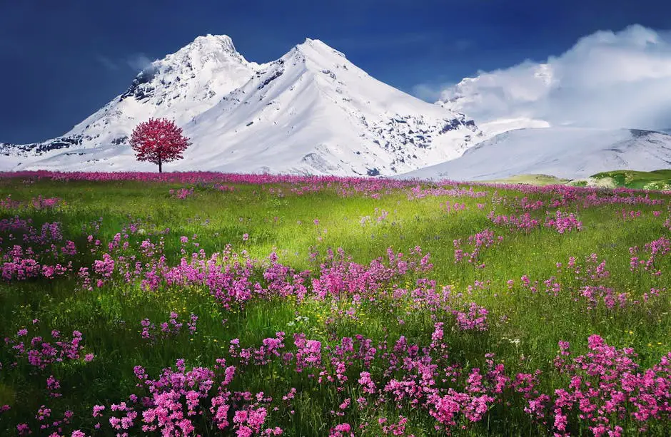 A colourful spring garden in full bloom with various flowers and butterflies