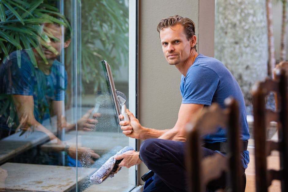 A person cleaning a large window with a squeegee, leaving a streak-free finish